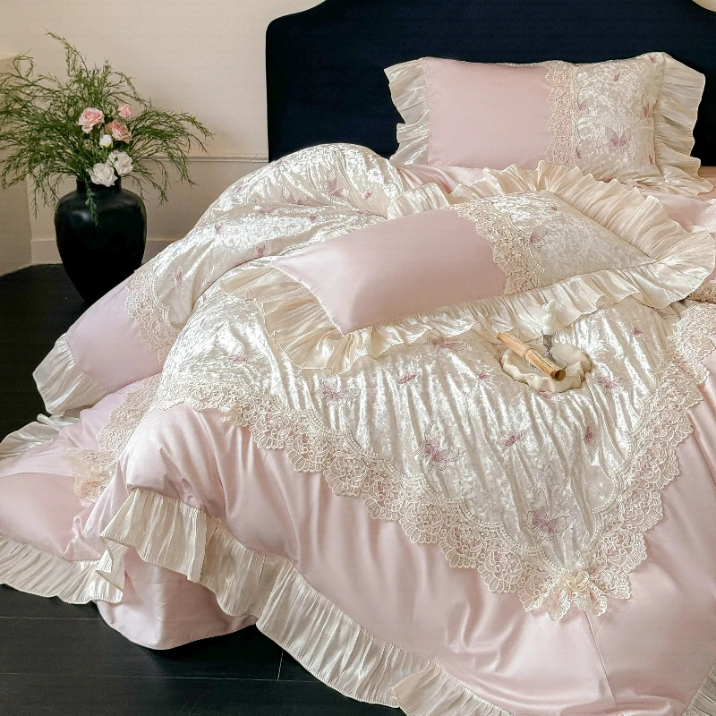 French Style Bedroom Pink Girl Long Staple Cotton Four Piece Set Princess Style Lace Duvet Cover Bed Sheet Bedding