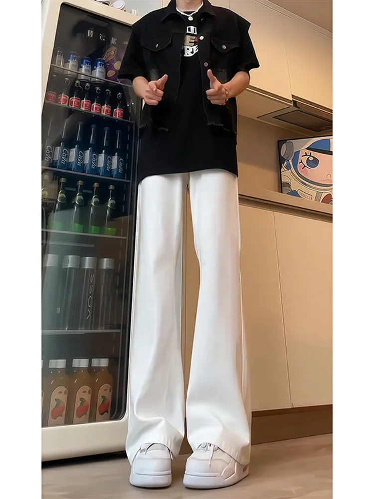 

White Slim Fit Micro Flared Jeans Men's Straight Leg Clean Fit Trousers American Vibe High Street Long Pants Spring Autumn