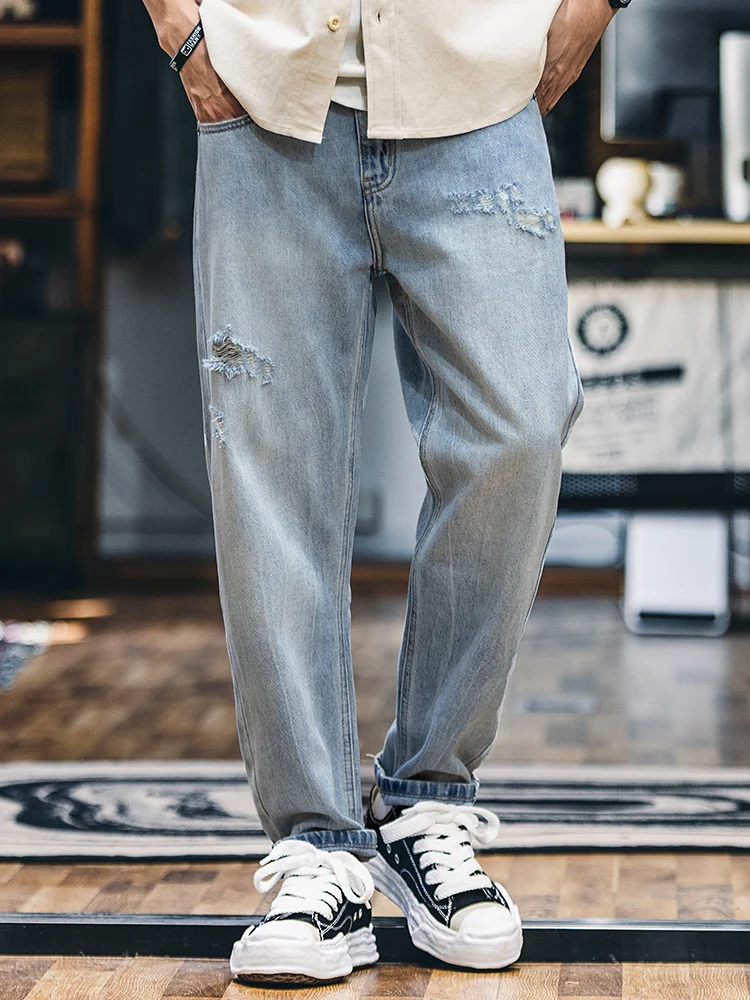 Ripped Loose Fit Jeans Men's Spring Summer Vintage Trendy Brand Washed Nine-Piece Casual Loose Large Size Cone Shaped Jeans