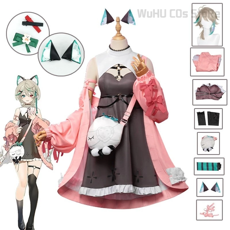 

Virtual Youtuber Allie Cosplay Costume Vtuber Nijisanji Aza Younger Sister Pink Coat Dress Bag Woman Halloween Carnival Cos Suit