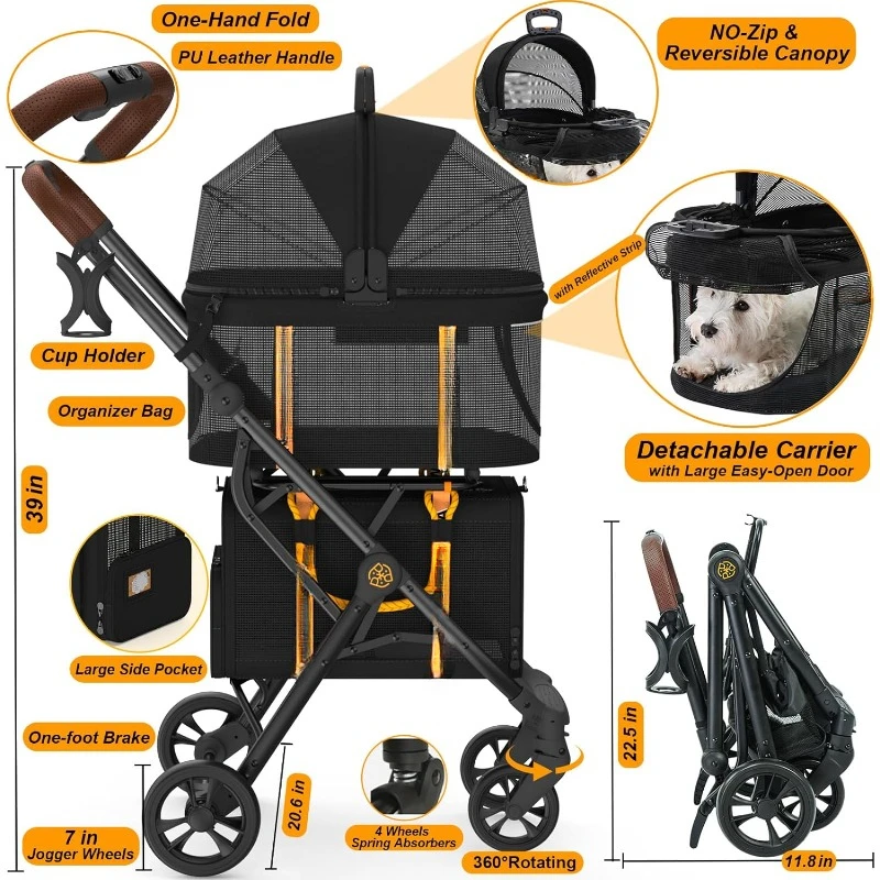 Double Pet Stroller for 2 Cats Dogs Small Medium,with Removable Carrier Bag, 2 Dog Stroller Detachable Carrier, Travel Car Seat