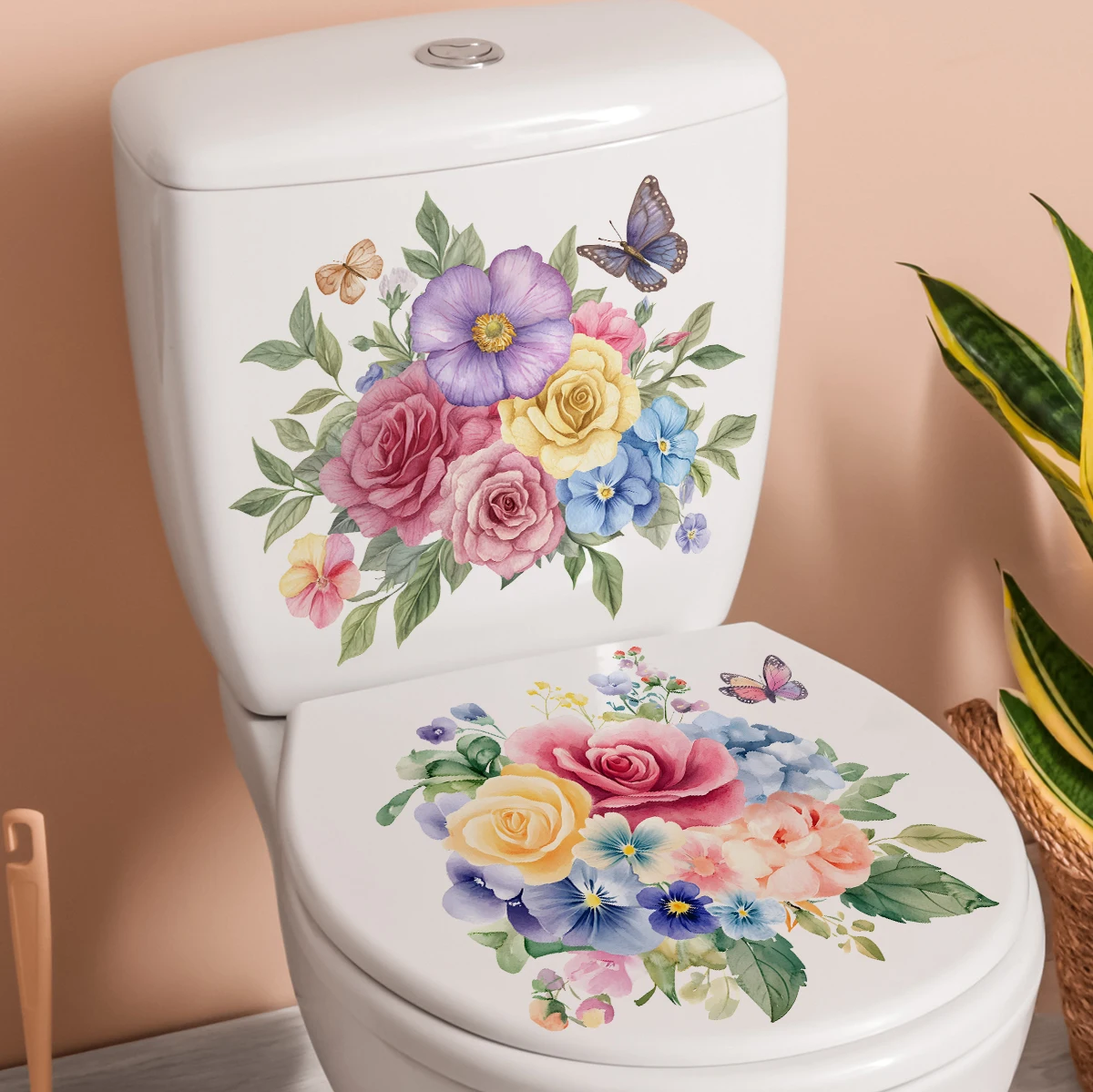 2PCS Painted Flower Bathroom Toilet Stickers Home Wall Waterproof Wall Stickers