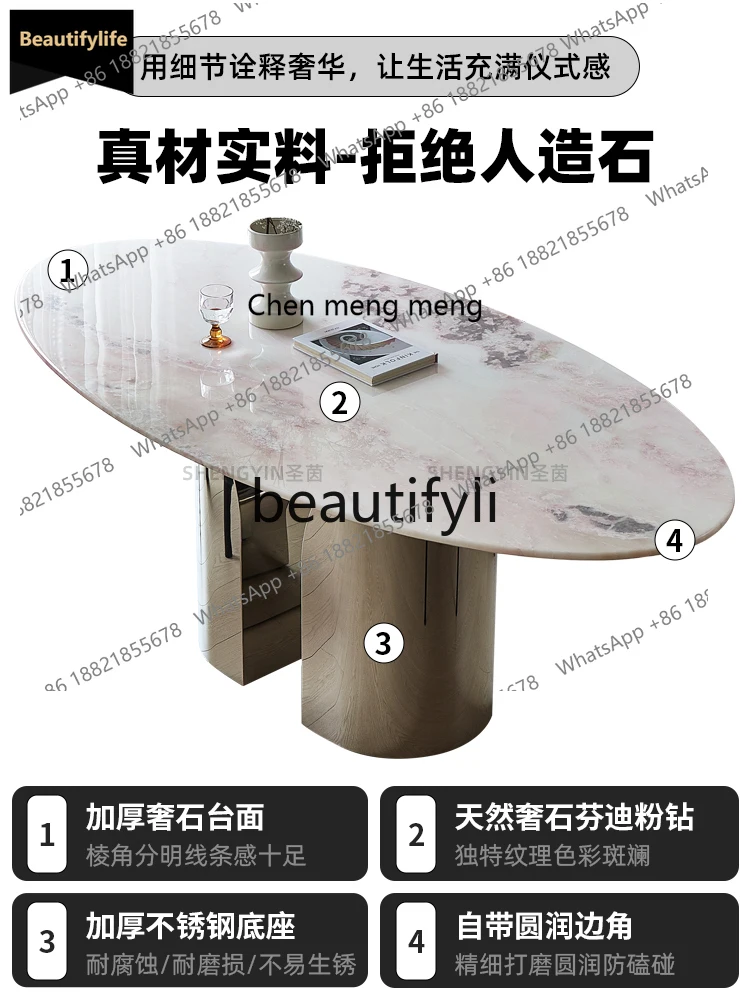 

GG Pink Diamond Luxury Stone Dining Table Translucent French Style Pure Natural Marble Oval Dining Table