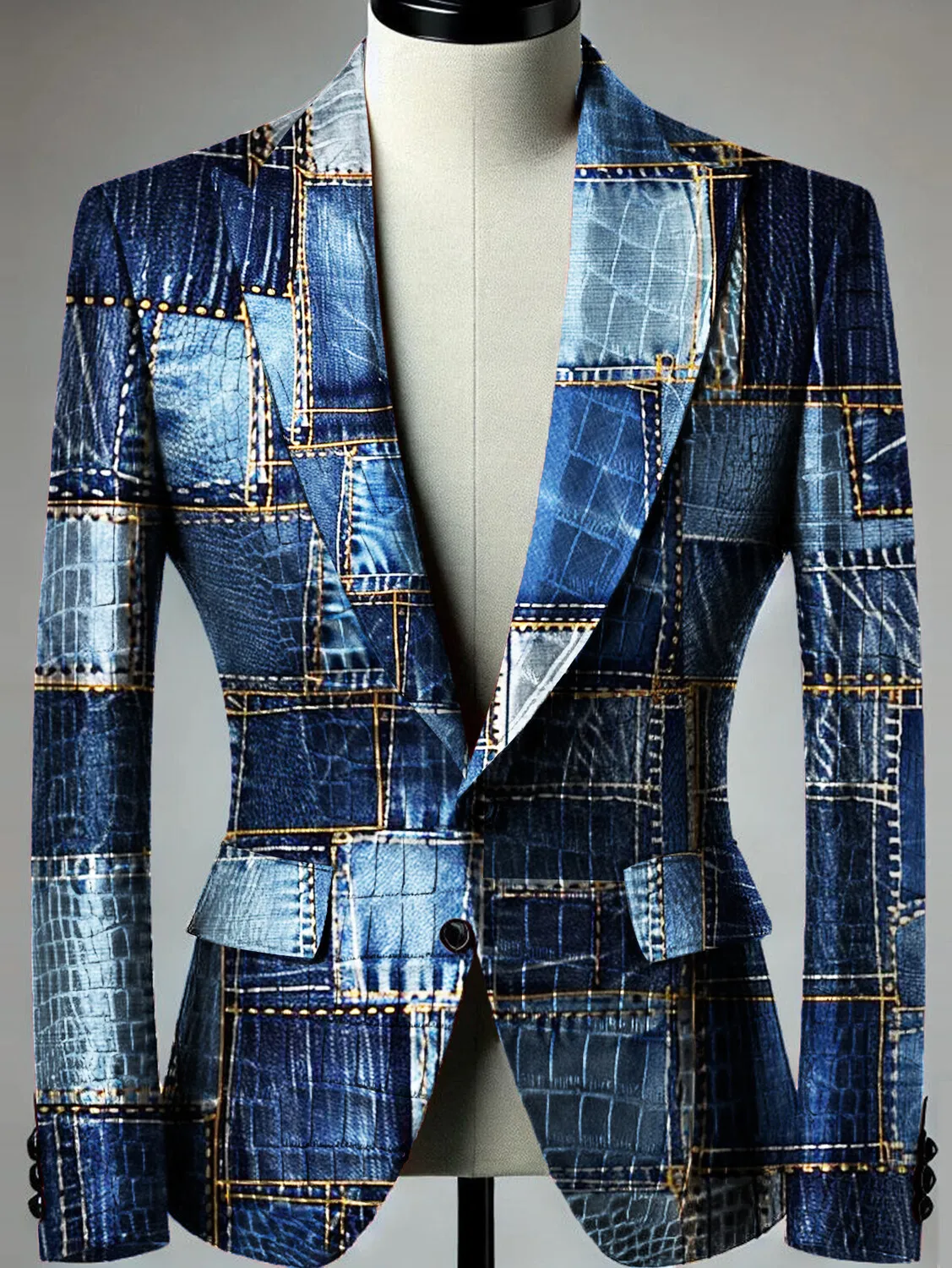 

Women's Denim Patchwork Blazer Blue Vintage Stitch Pattern Single Button Long Sleeve Casual Fashion Outerwear Female Suit Jacket