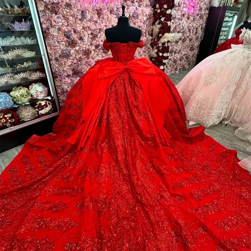 

Red Shiny Off The Shoulder Sequined Appliques Lace Ball Gown Quinceanera Dresses Beading Bow Corset Vestidos De 15 Años