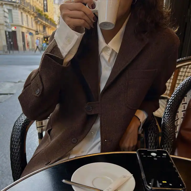

Autumn New Fashion Herringbone Woolen Blazer for Women Korean Style Casual Loose Brown Suit Jacket Wool Coat Women Clothing
