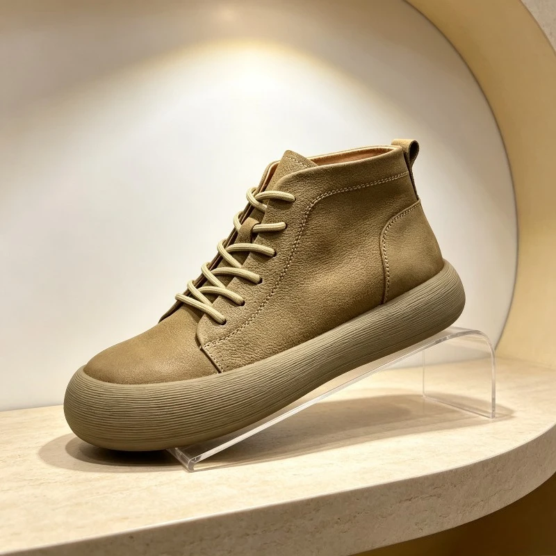 Men Women Vintage High Top Ankle Boots PU Leather Lace Up Thick Platform Sole Round Toe Breathable Casual Daily Walking Shoes