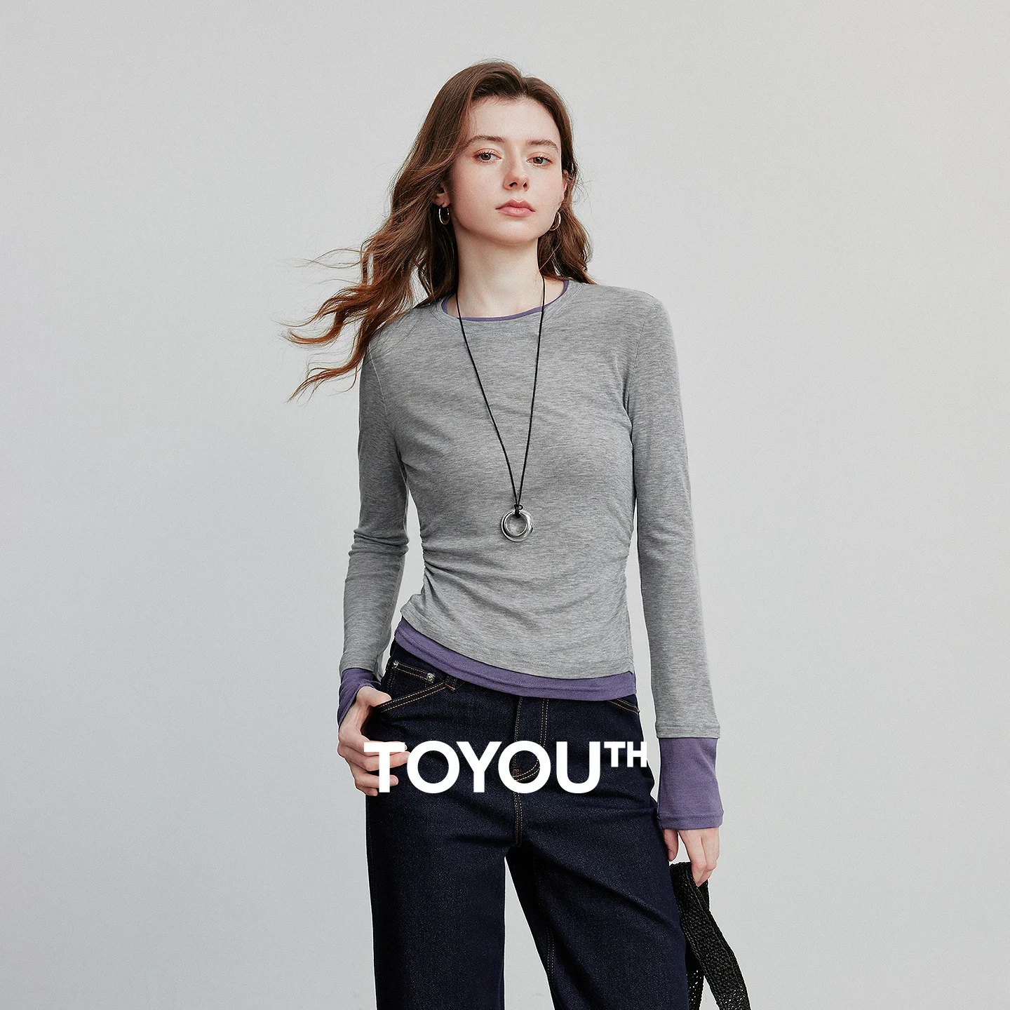 

TOYOUTH Women T-shirt 2025 Autumn New Fake Two Piece Contrasting Color Pleated Long Sleeve Slim Waist Pullover Tops