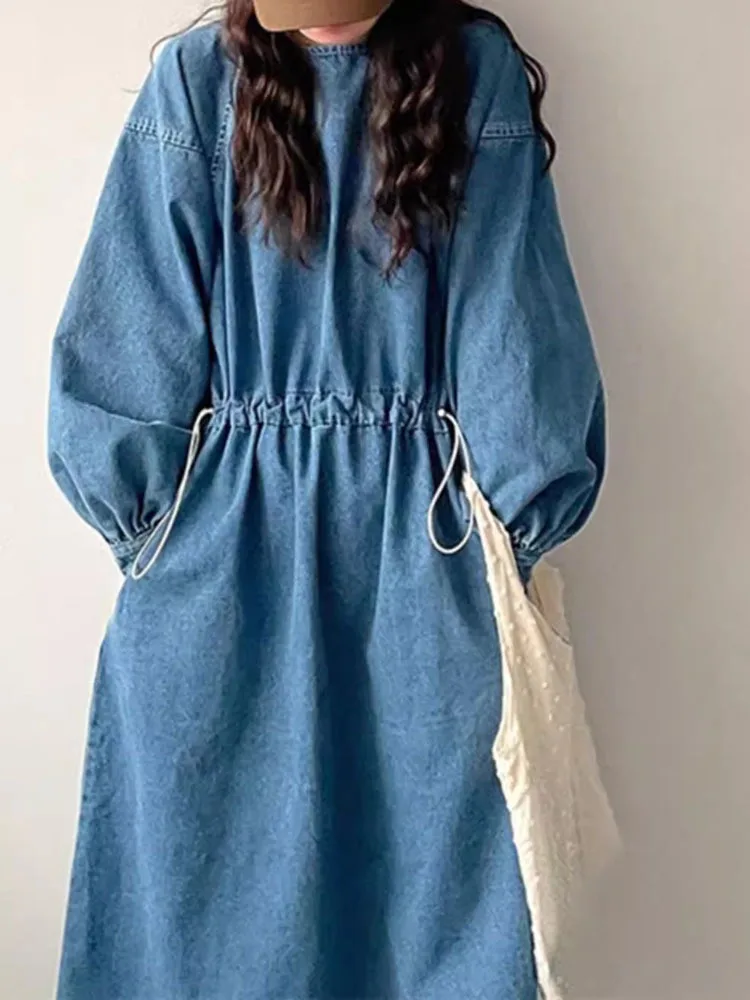 LANMREM Fashion Blue Denim Dress Women Round Neck Lantern Sleeves Drawstring A-line Dresses Casual 2024 Spring New 2AA4417