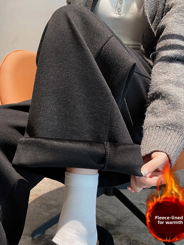 ハイウエスト裏起毛ワイドレッグパンツ レディース カジュアルストレートレギンス 着痩せ 暖かい 秋冬新作 スモールサイズ ブラック