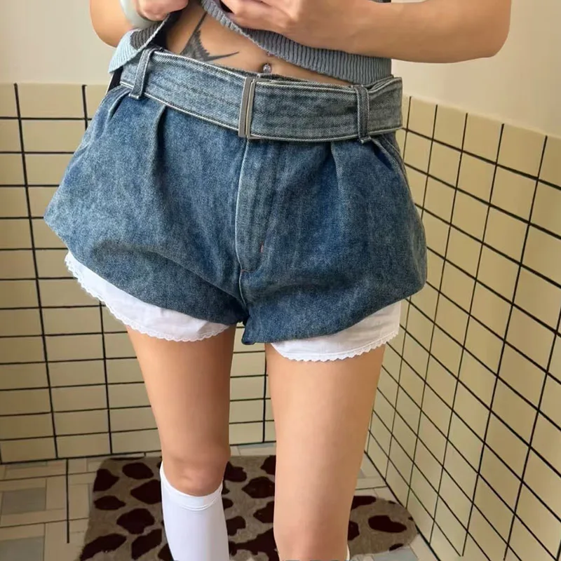 Women's Belt Embellished Vintage Wash Fluffy Short Shorts, Double Jean Shorts, High Waist Slim Fit Pant Skirt, 2026, New, y2k;