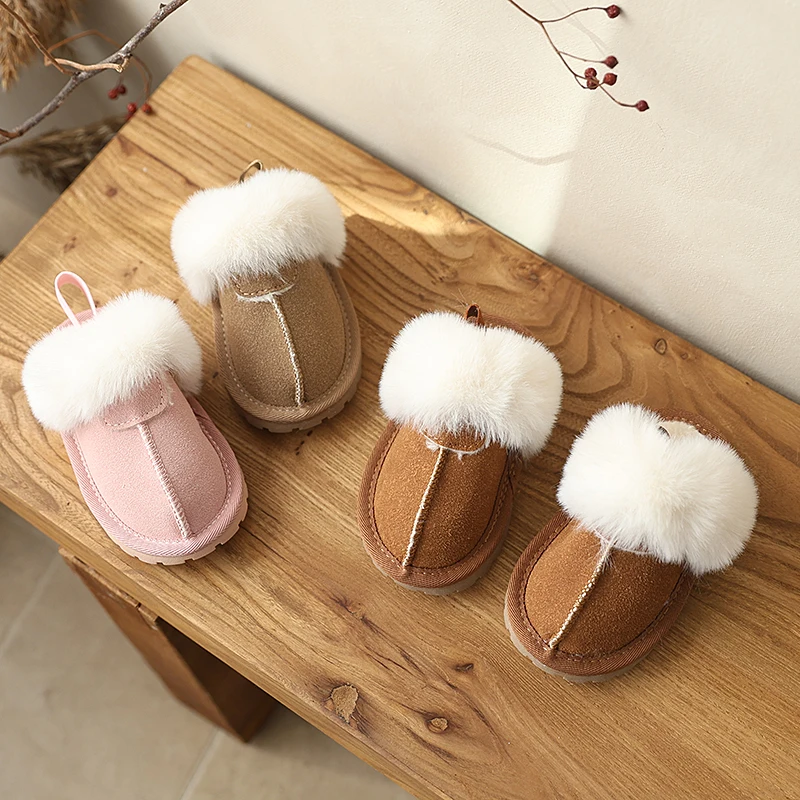 Children Toes Wrapped Plush Slippers Kids Classic Slippers Winter Anti Slip Thick Soled Girls Fur Cotton Shoes Britain Style