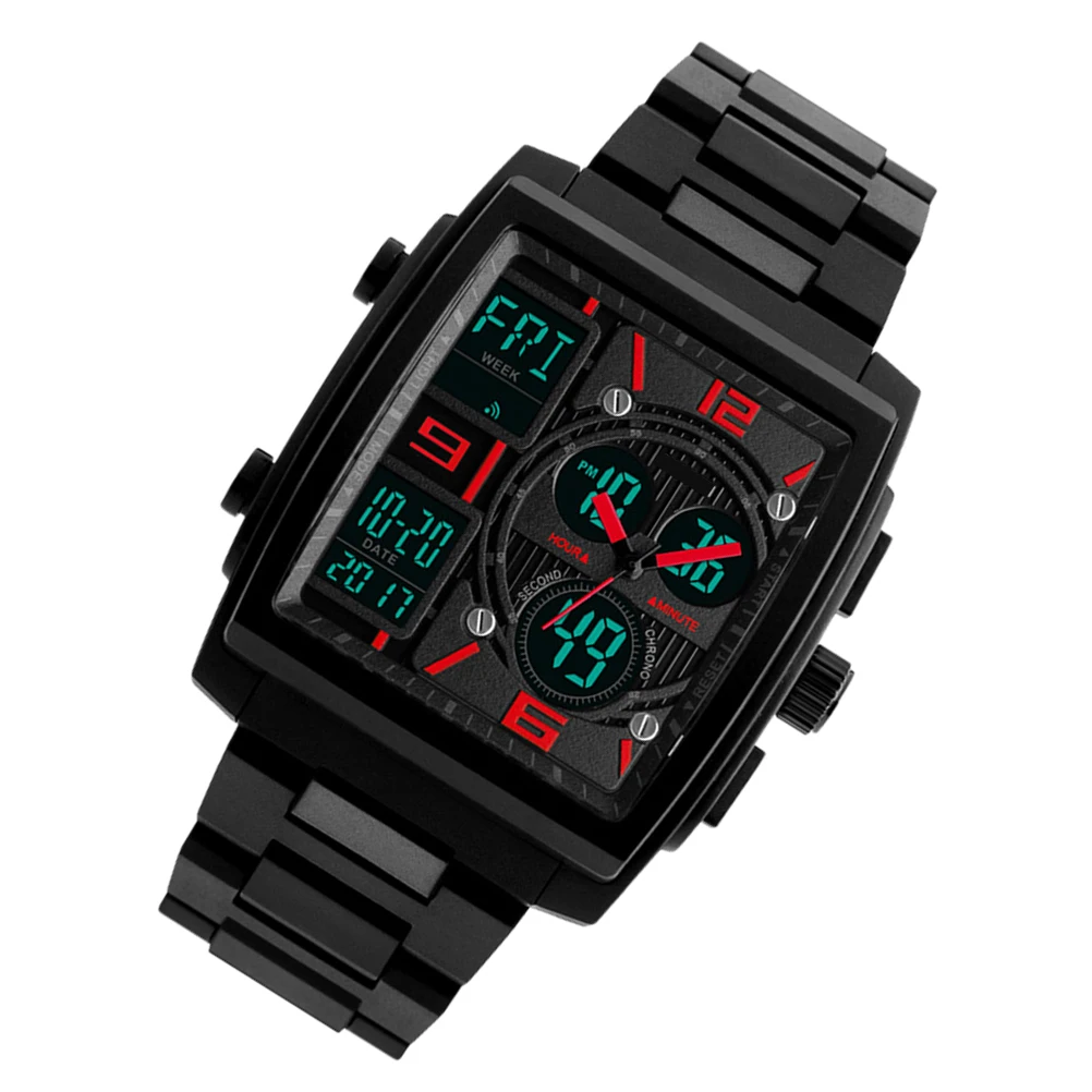 Men'S Waterproof Sports Watch Multi-Function Analog Military Style Large Square Wristwatch El Backlight 50M