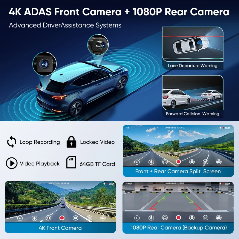 Ainavi carro dvr 4k traço cam adas navegação gps sem fio carplay androidauto dashcam câmera retrovisor painel gravador de vídeo