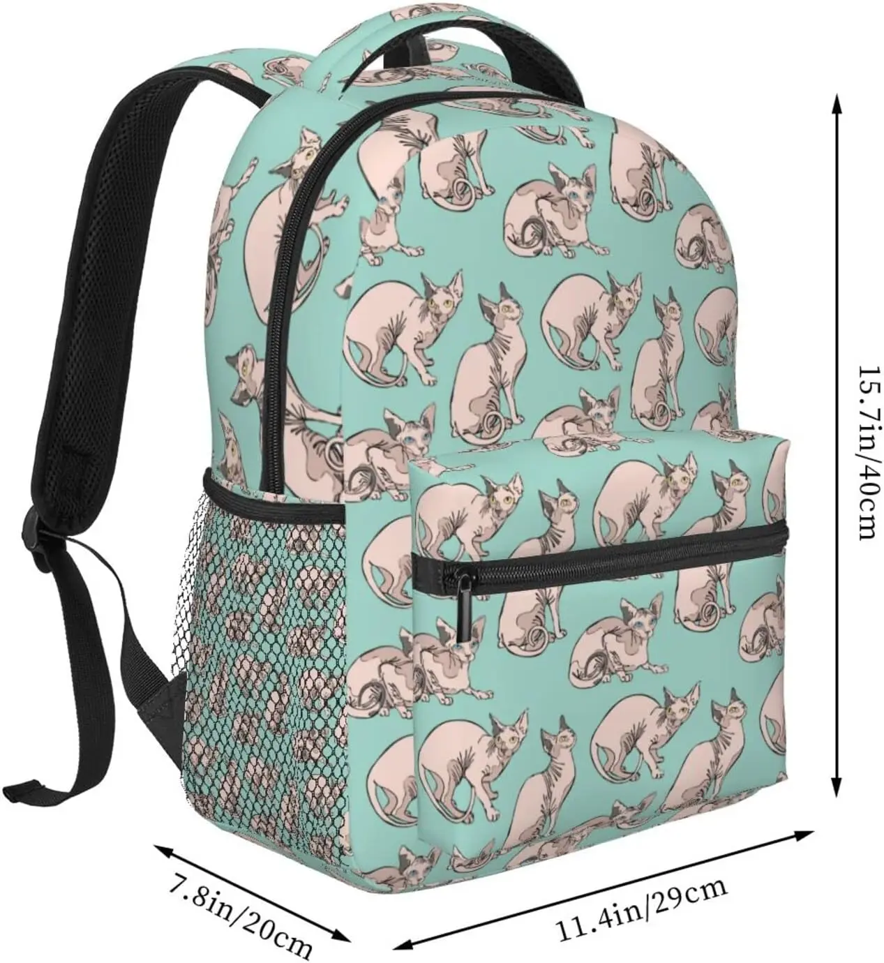 Multipurpose Big Capacity Carry on Bag  Hairless Naked Cats Sphynx Cats Pattern Mint Green Traveling Camping Backpack