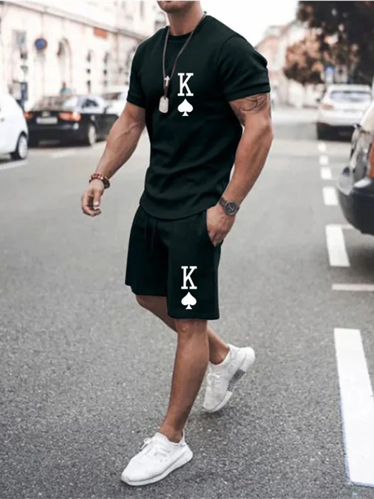 Y2K Men\'s T-shirt & Shorts Set \'K\' Letter Print Men\'s Clothes Casual Fashion Street Short Sleeve Shorts 2 Oversized Tracksuits