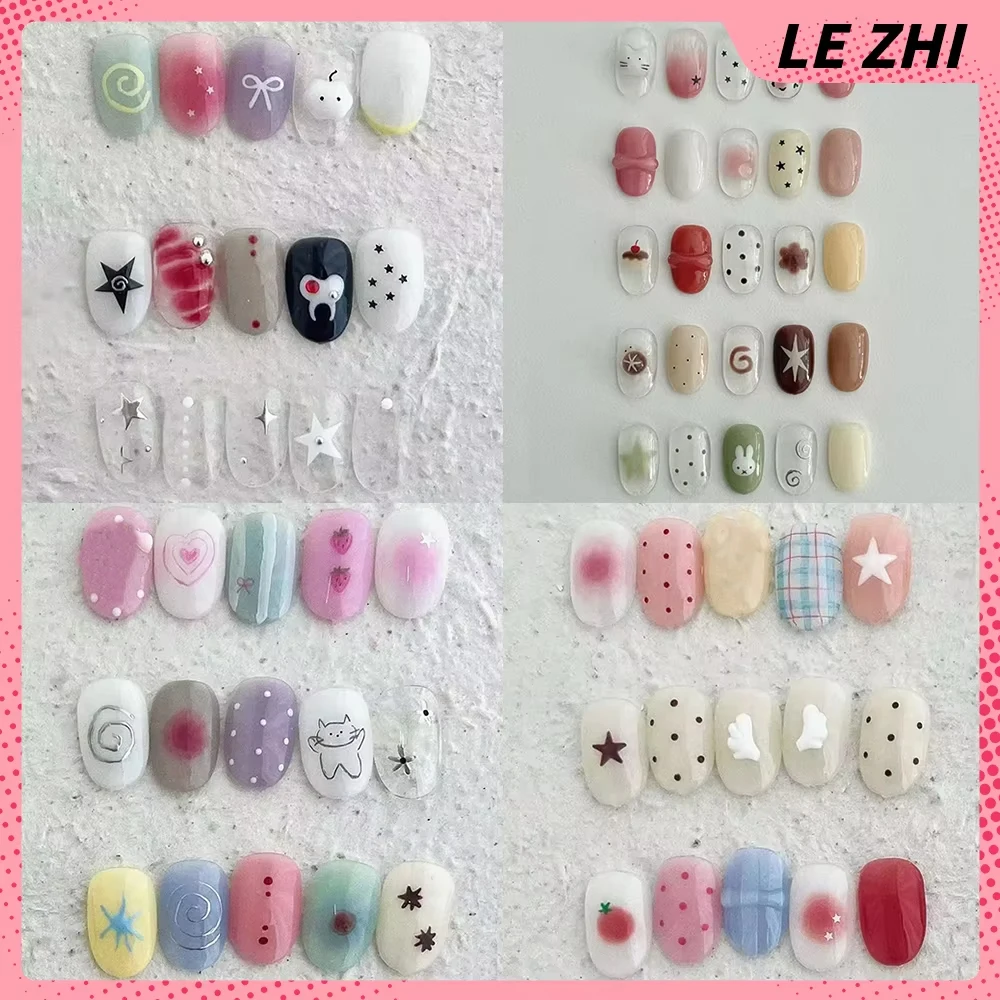

Kawaii Cartoon Cute Animal Rilakkuma Handmade Short Ellipse Press On Nails Polka Point Stars Strawberry False Nail