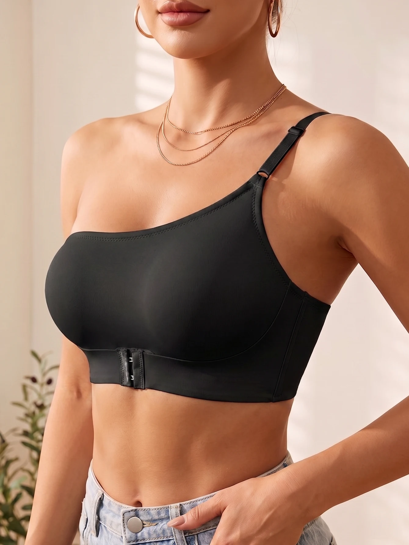 Nahtloser One-Shoulder-BH für Damen mit Frontverschluss, bequem, ohne Futter, kabellose Unterwäsche – Detail 11