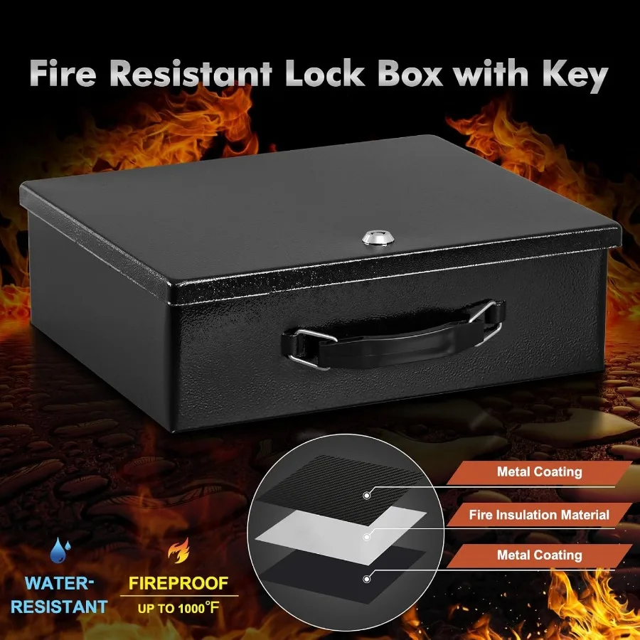 Fireproof Document Box with Key Lock for Secure Storage of Personal Items Including Documents Jewelry Passport and Cash Offers