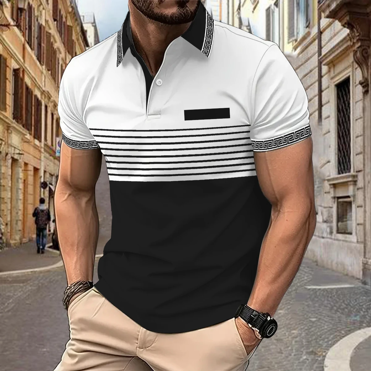 Plate-size Striped Solid Color Matching Loose Fashion Trend Casual Digital Printed Short-sleeved Lapel Polo Shirt