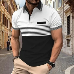 Plate-size Striped Solid Color Matching Loose Fashion Trend Casual Digital Printed Short-sleeved Lapel Polo Shirt