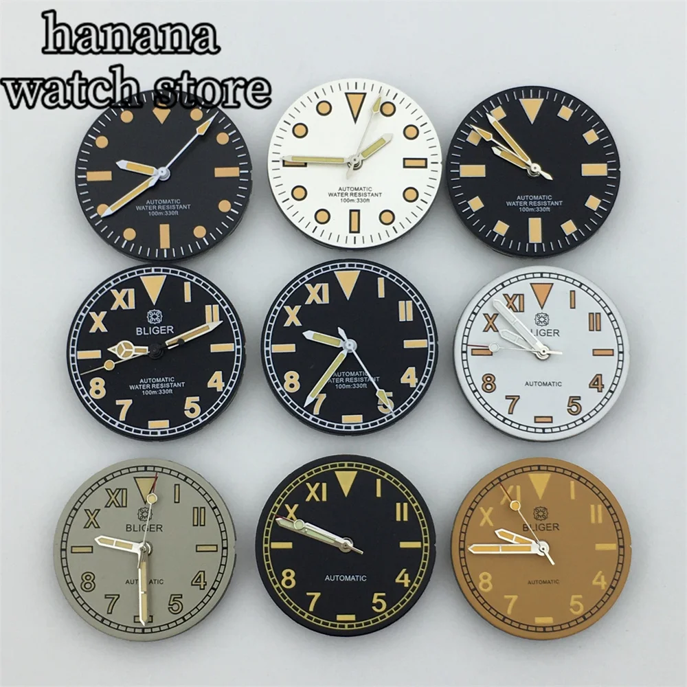 BLIGER 29mm black and white yellow aseptic dial with NH35 NH36 TP5000 ETA2824 2836 Miyota 8215 821A Mingzhu DG2813 3804 movement