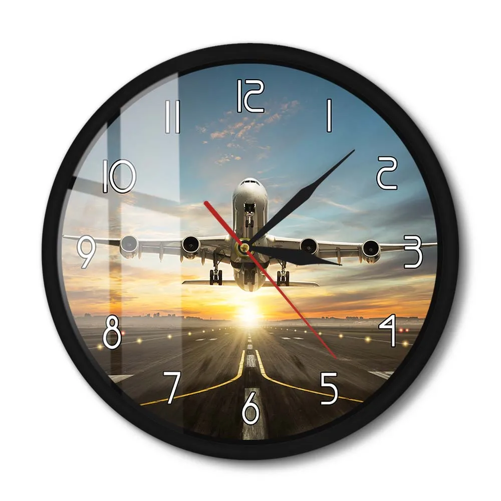Airplane Takeoff Sunset Wall Clock for Pilot Man Cave Modern Design Aviation Home Decor Commercial Jetliner Runway Wall Clock