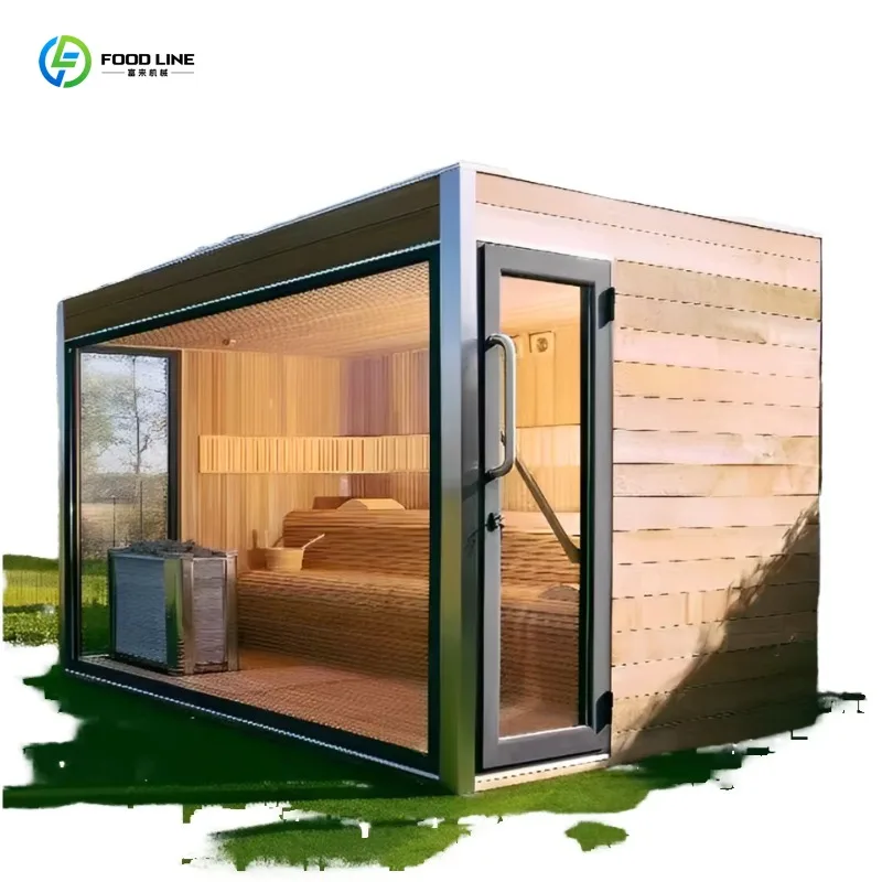 Nowoczesna sauna parowa zewnętrzna z panelem sterowania, wykonana z wysokiej jakości drewna hemlock, o mocy 6 kW, z panoramicznym widokiem i suchym systemem parowym.