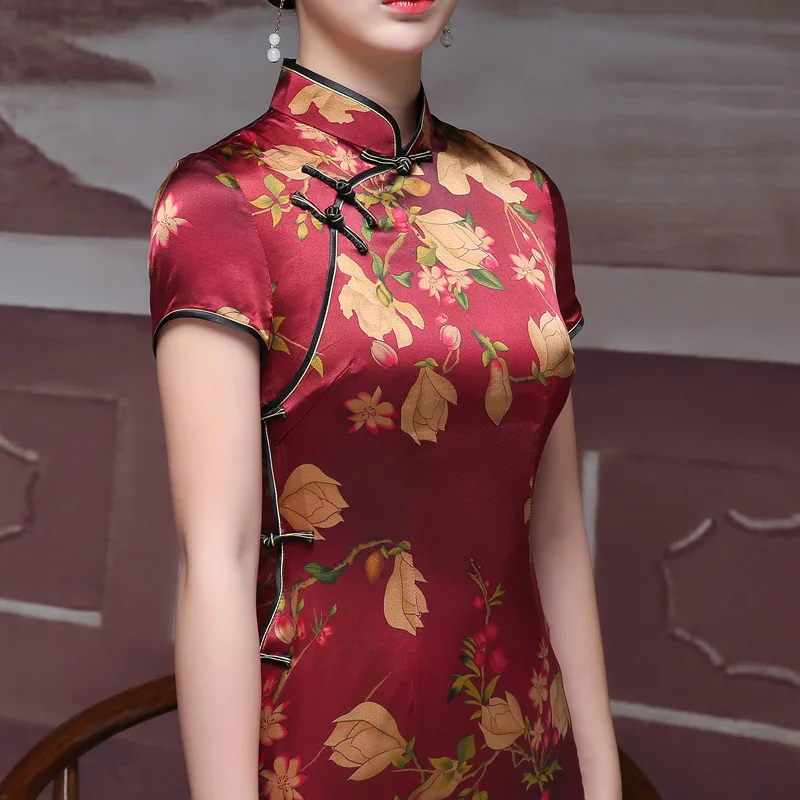 Yuan Ji New Printed High Quality Real Silk Long Cheongsam Qipao Women's Dress