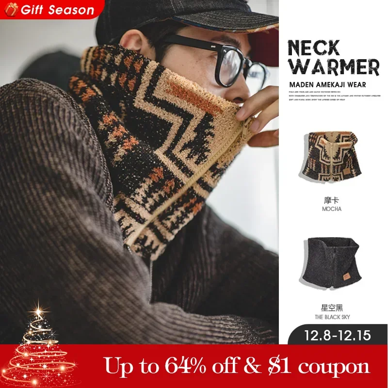 Maden Vintage Winter Heating Scarf for Men Warm Outdoor Zip Fleece Neck Warmer Ski Climbing Cycling Snood Scarf Scarves Collar