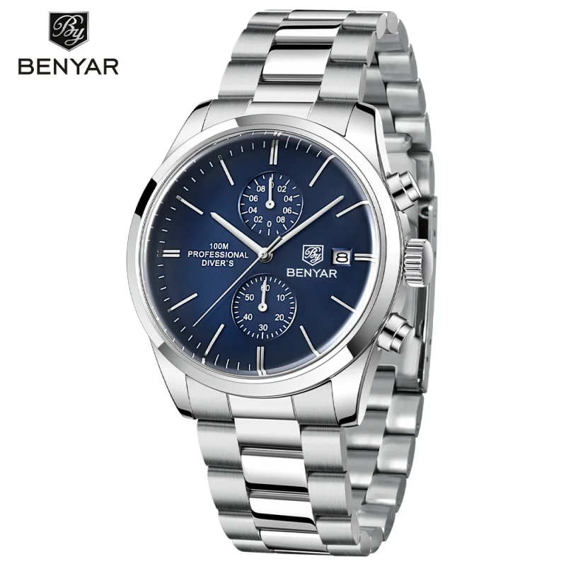 BENYAR 5187 Classic Simple Men's Quartz Watch Luxury Brand 100M Waterproof Calendar Military Sports Chronograph Leather Strap