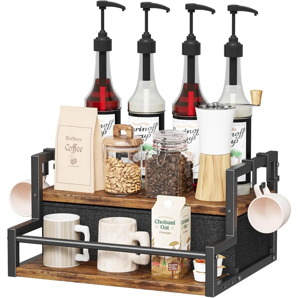 

Two-Level Coffee Syrup Organizer with Bottle Holder and K-Cup Storage Drawer for Coffee and Wine Bars