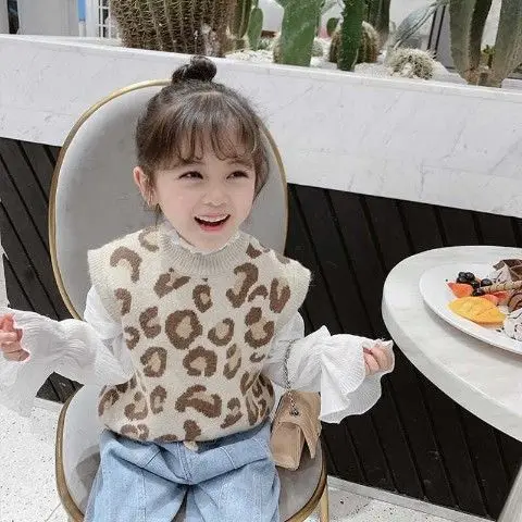 Girl Vest Spring Autumn New 2024 Leopard Print Round Neck Sleeveless Knitted Sweater Casual Simple Fashion Sweet Korean Active