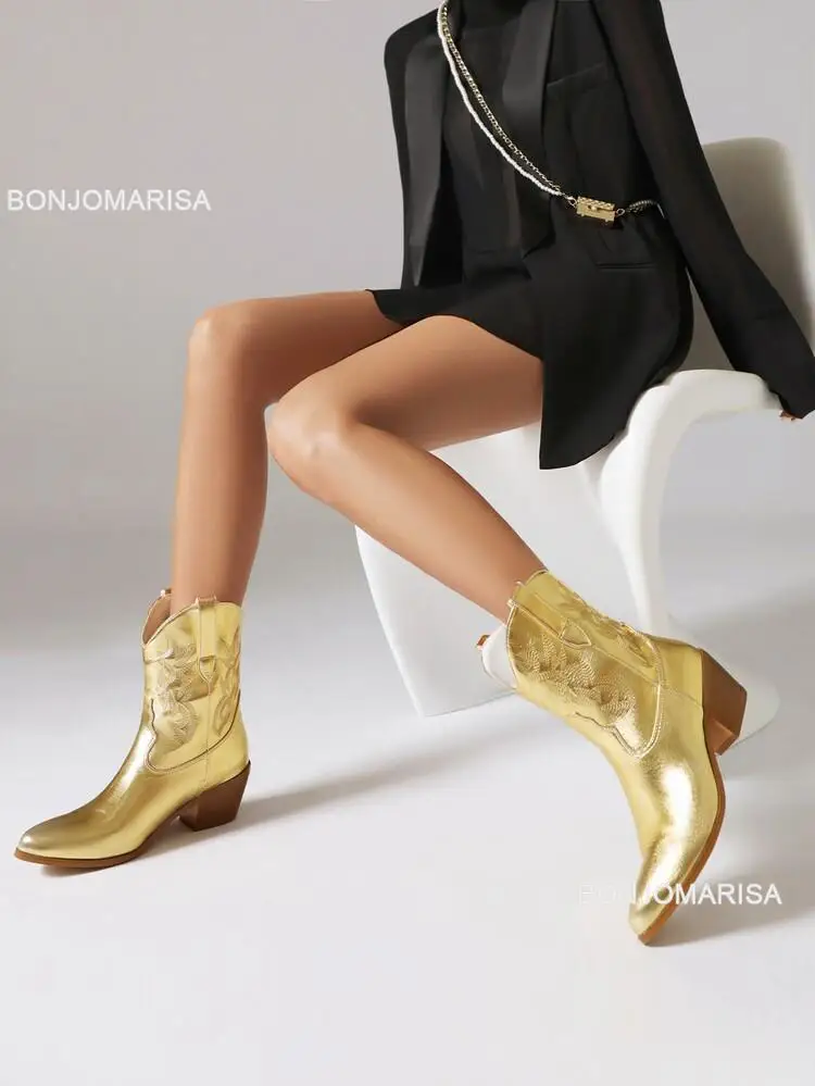 Kobiety Kowbojki Kowbojki Buty Haftowane Metaliczne Punk Buty Zลoto Srebro Buty na ลrednim obcasie Jesieล Zima Szpiczasty nosek Marka