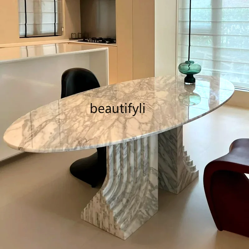 

Natural Marble Ellipse Dining Table Modern Minimalist Italian Minimalist Luxury Stone Bianco Carrara Venato Arabescato Marble