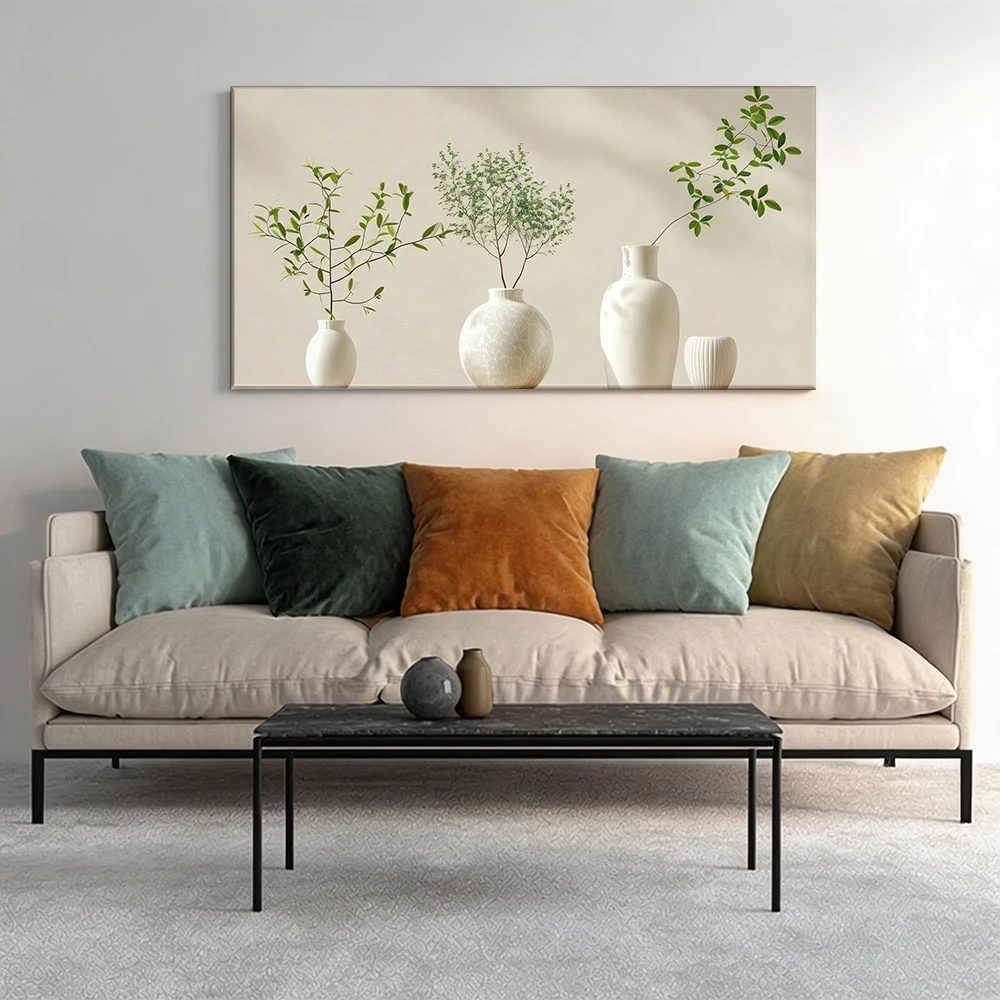 Cuadro de lienzo con marco de madera maciza de gran tamaño, 1 pieza, jarrones blancos, ramas verdes.