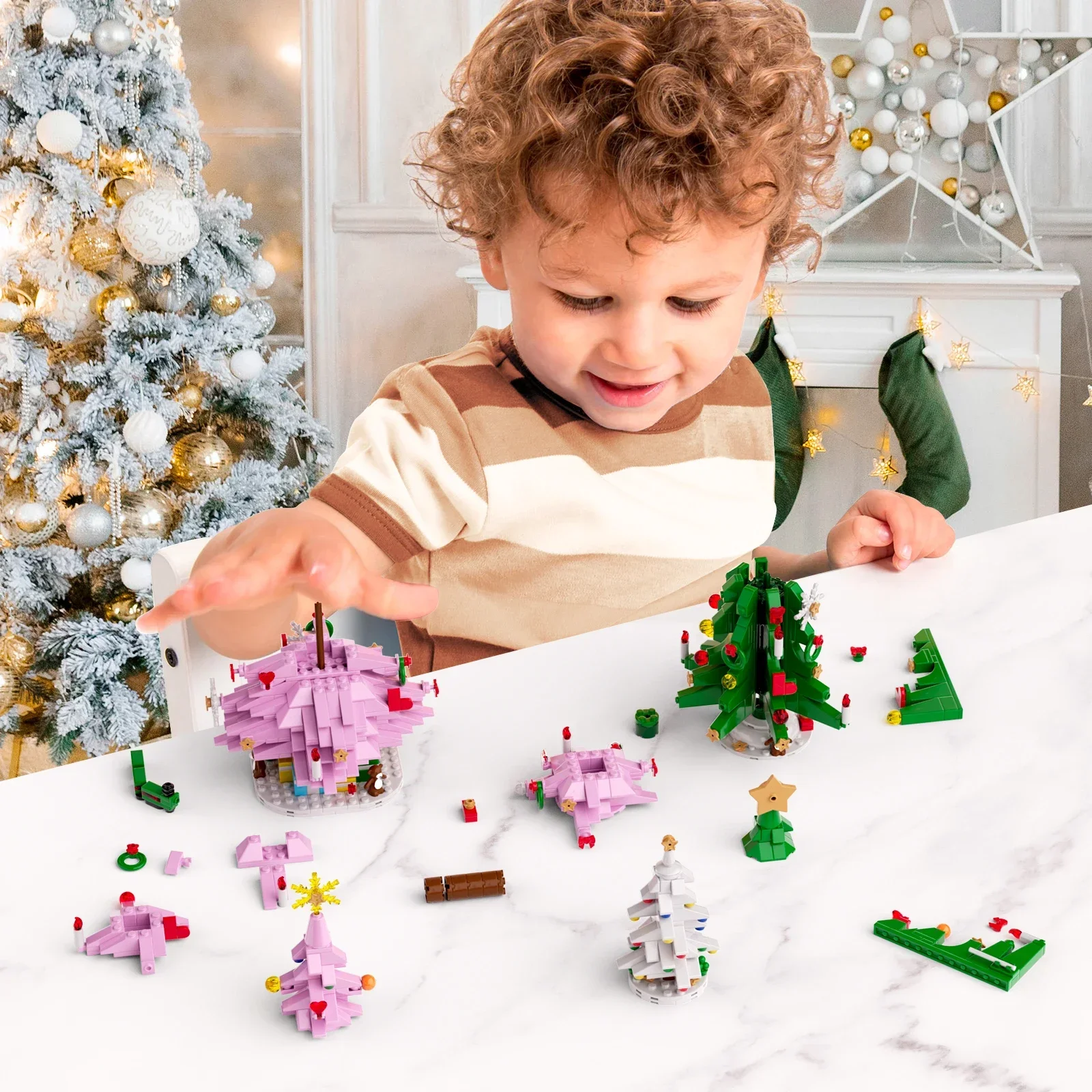 

3in1 Pink Christmas Trees Building Blocks Kit with LED Light,Year Atmosphere Decoration Toys Gifts for Boys and Girls(743 PCS)