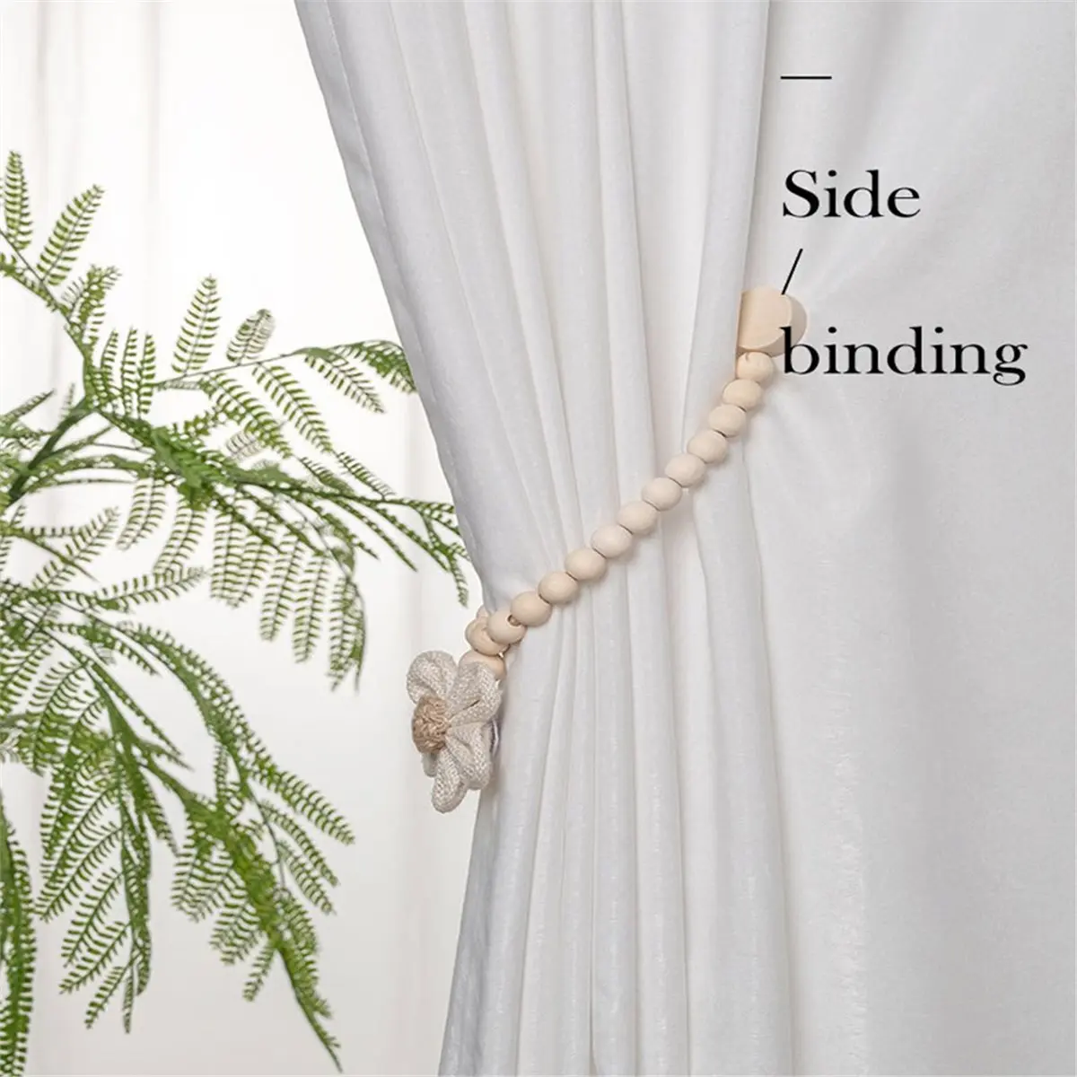 828new 2 Pcs Strong Magnetic Curtain Holdbacks Beaded Sunflower Magnetic Curtain Tiebacks Boho Wooden Curtain Tie Backs White