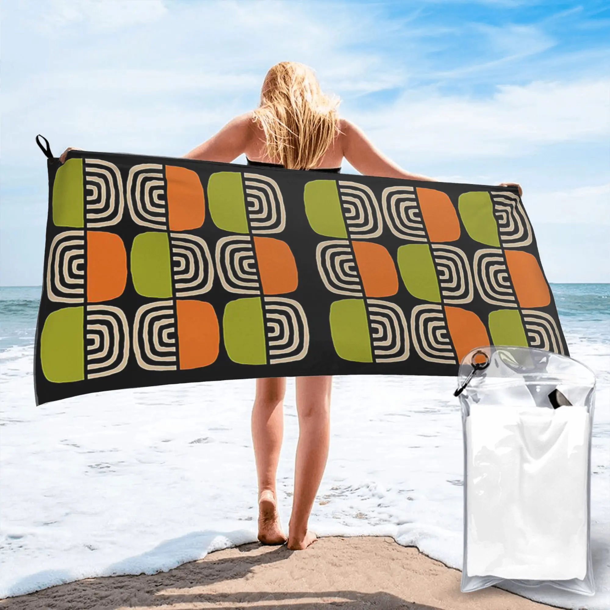 Half Concentric Circle Pattern Black Orange Green and Beig Beach Towel Soft Microfiber Quick Dry Absorbent Quick Towels For Bath