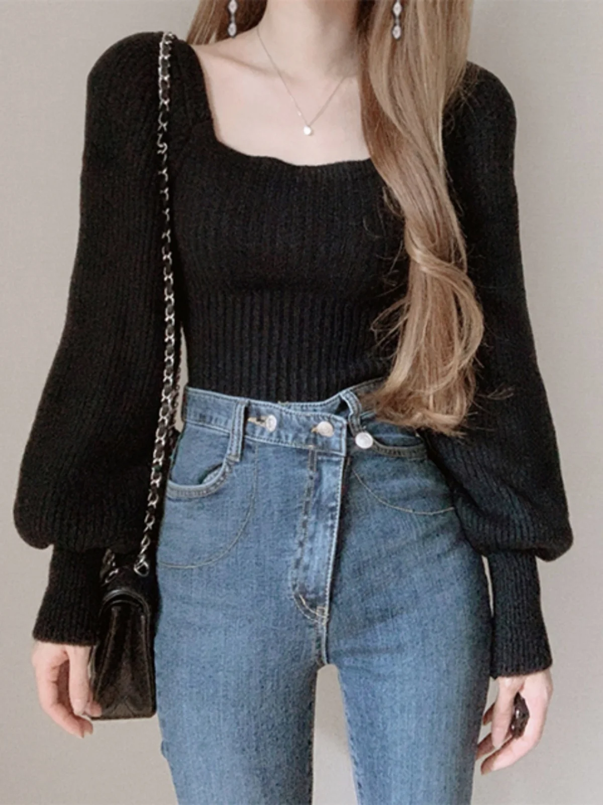 Design rétro Chic haut tricoté femmes Long Sve Bubble Sve pull col carré paresseux Sle Faionable automne hiver Cl...