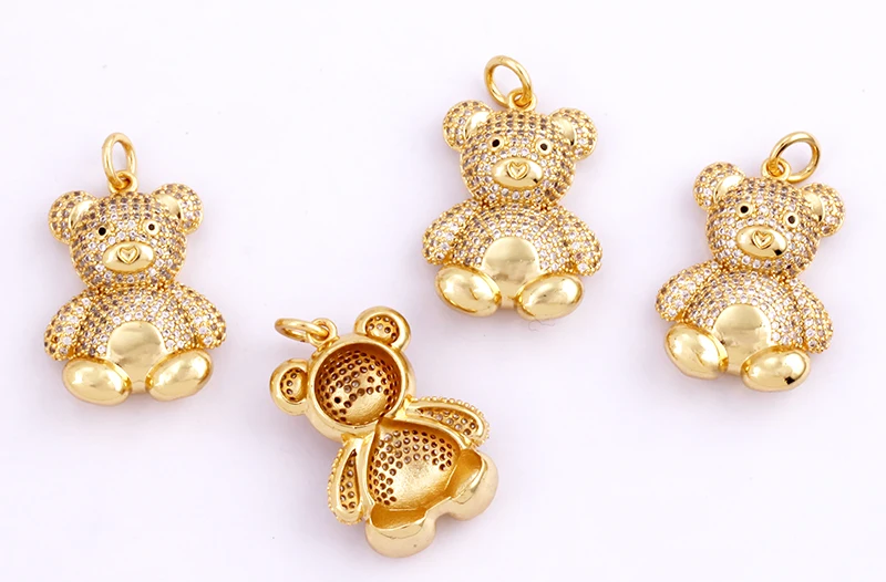 Niedlicher Bären-Charm-Anhänger in Goldfarbe, mit Perlen besetzt, mit Zirkonia CZ gepflastert, Schmuck, Halskette, Armband, Großhandel, Zubehör M85 – Detail 17