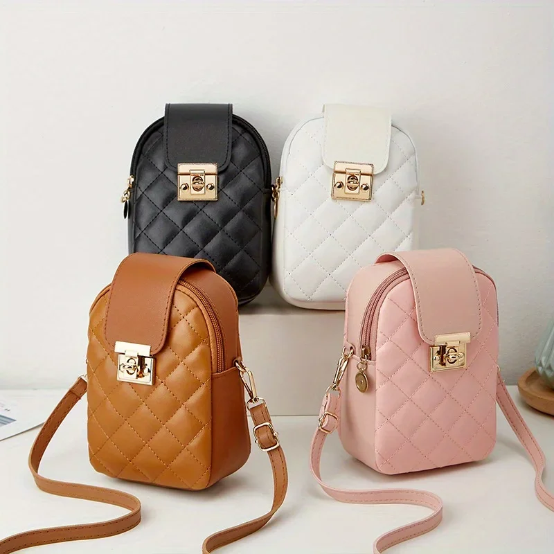 Women Cell Phone Crossbody Bag, Small Faux Leather Shoulder Purse with Metal Turn Lock, Lightweight Wallet Handbag for Casual