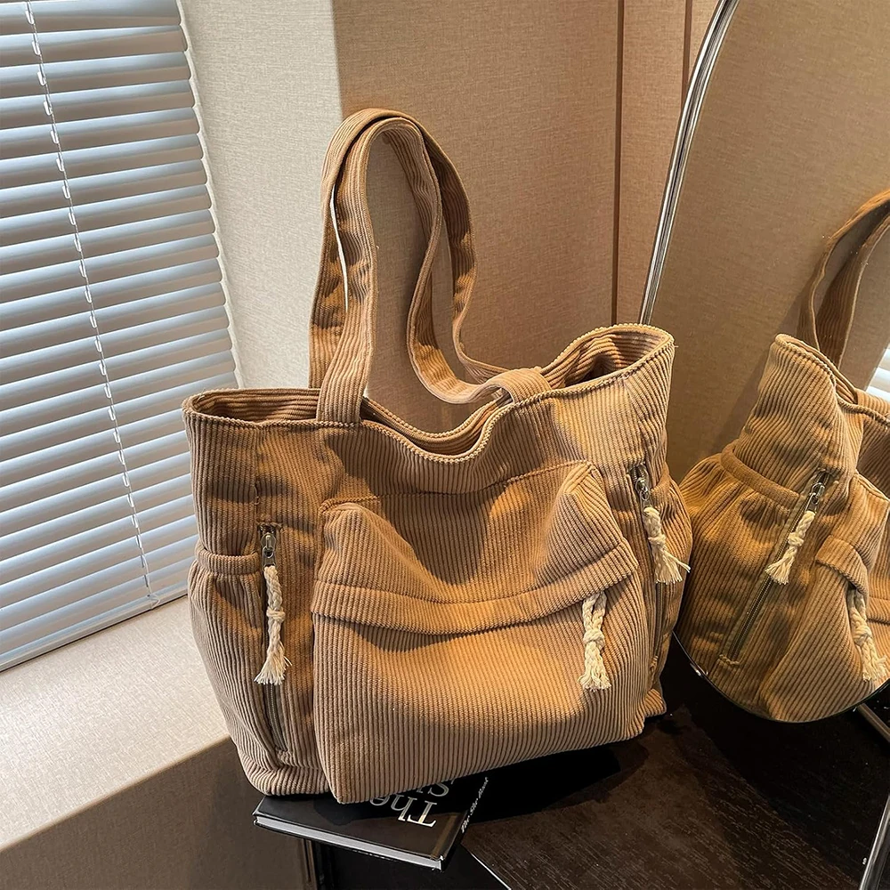 

Вельветовая сумка-тоут для женщин с несколькими карманами, большая сумка-хобо на молнии, повседневные сумки для путешествий, однотонная сумка-шоппер