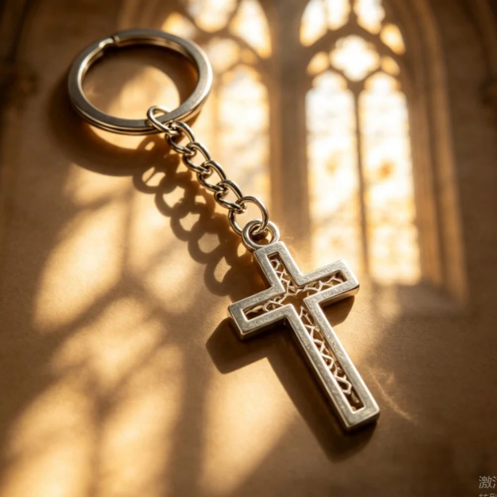 Stainless steel hollow cross keychain, Christian religious faith key charm accessories, men's and women's gifts