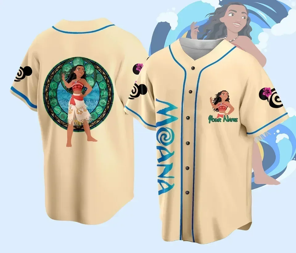 Disney Moana Princess Customized Name Baseball Jersey Outdoor Sports Style Casual Jersey Men\'s and Women\'s Personalized Tops