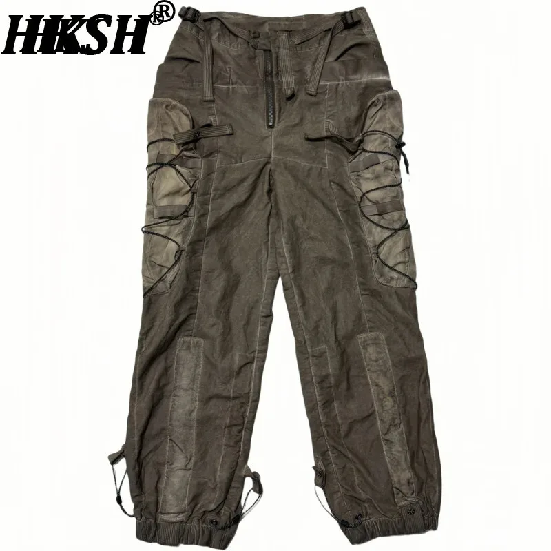 

HKSH Spring Autumn New Men Tide High Street Waste Land Original Design Washed Pocket Waist Bag Outdoor Safari Style Pants HK5251