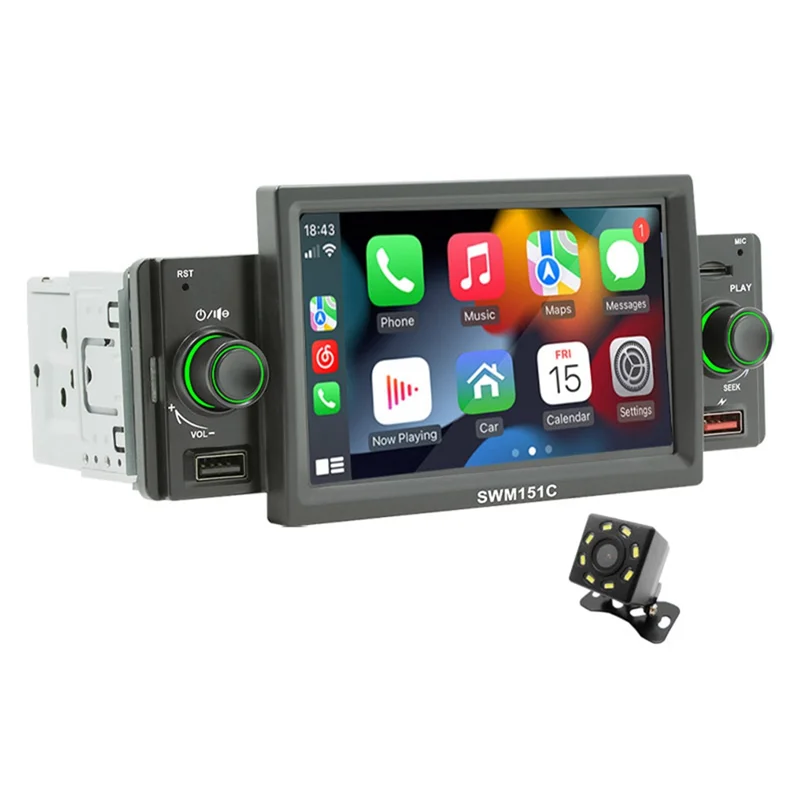 1 Din Car Radio CarPlay 5 Inch MP5 Player Bluetooth Hands Free A2DP USB FM Receiver Audio System 151C