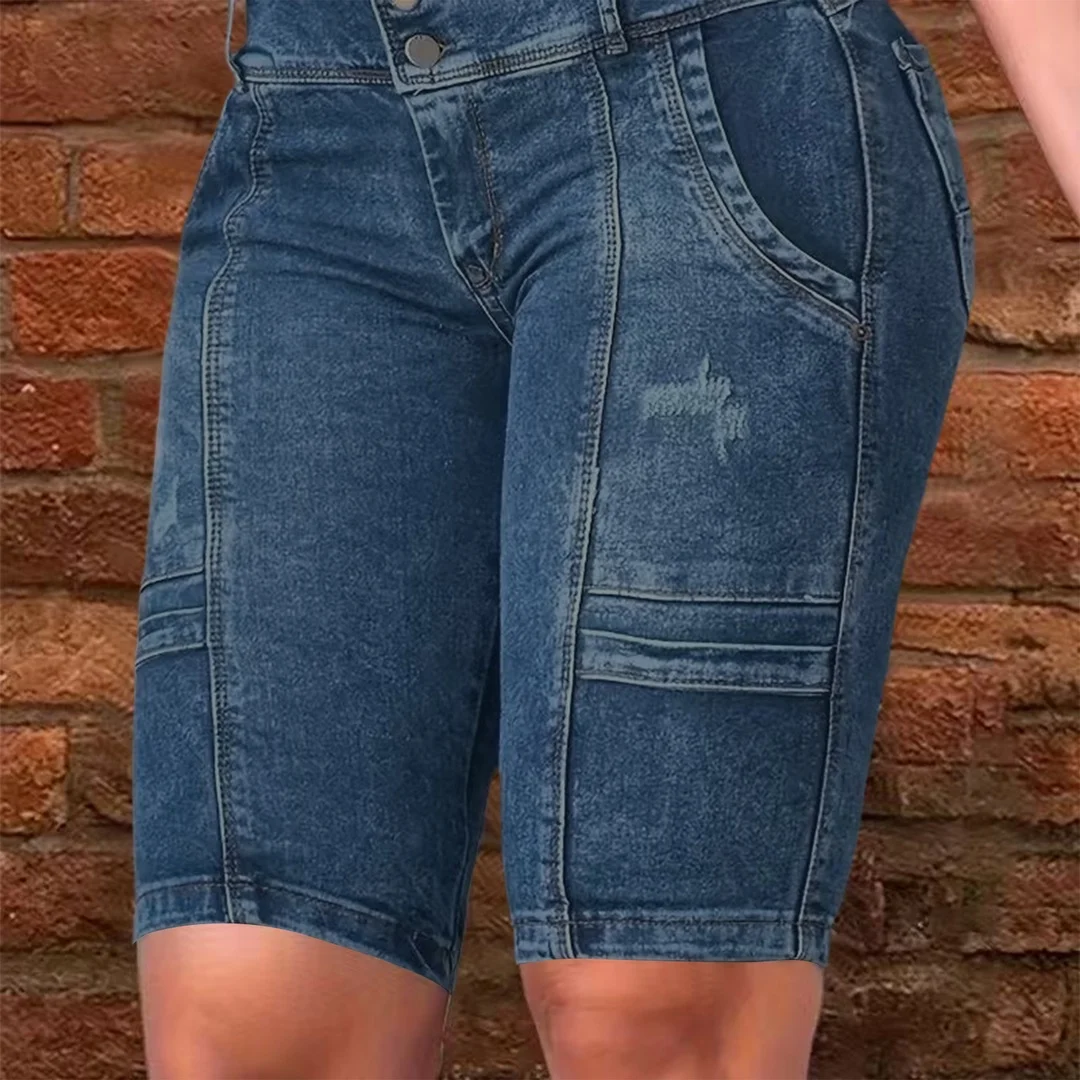 

European American Women's Dark Blue Navy Solid Color Slim Knee Length Denim Shorts Female Casual Trendy Simple Jeans Clothes