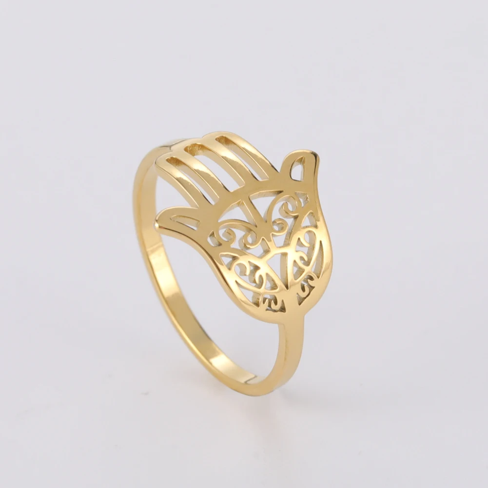 Kkjoy Damenringe, silberfarben, Hamsa, Hand der Fatima, Edelstahl, weibliche Persönlichkeit, hohler Schmuck, Accessoires, Mädchen-Geschenk – Detail 4