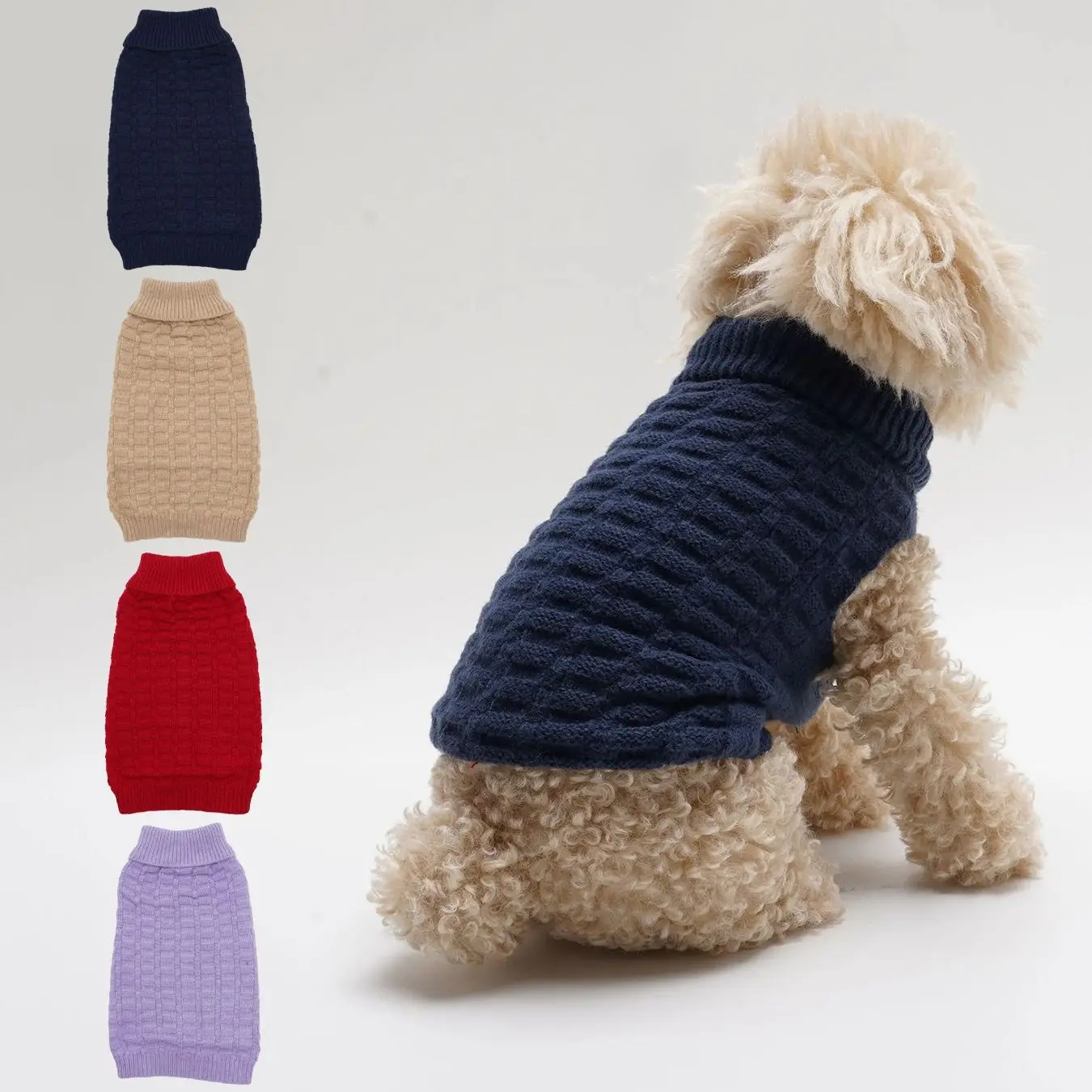 4 Pack Autumn Winter High Neck Design Knitted Elastic Solid Color Plaid 3D Warm Dog Cat Sweaters for Pets